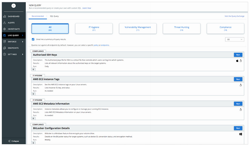 CB LiveOps gives administrators across the SecOps team the ability to easily create custom queries and return results from across all endpoints in their environment to a single cloudbased console.